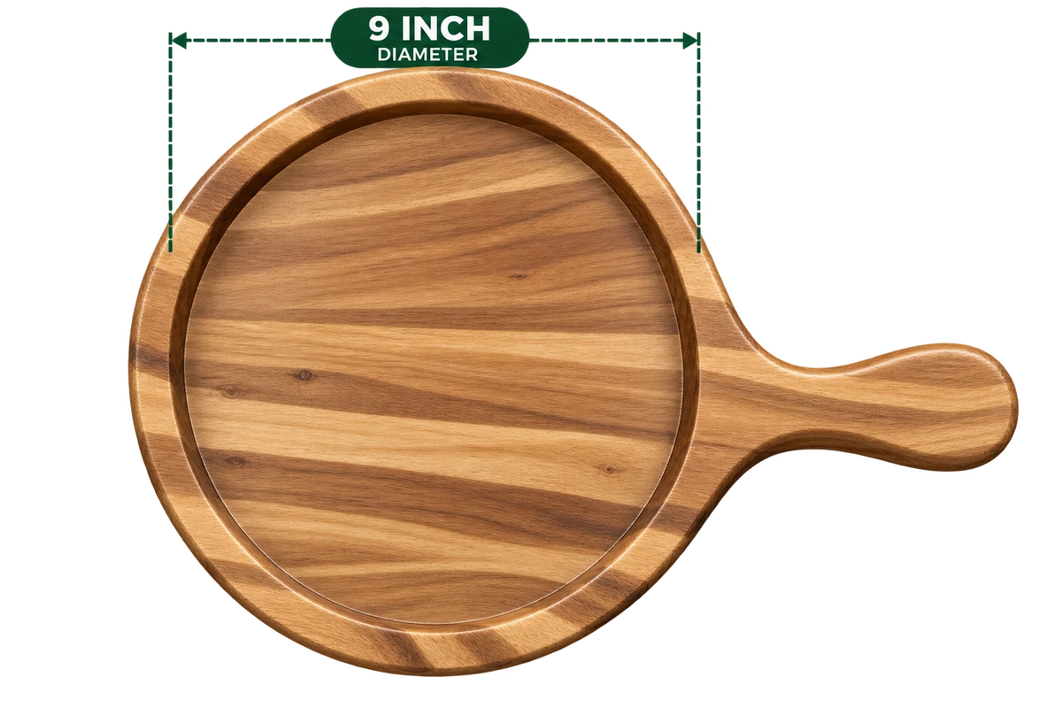 AnnServe Acacia Pizza Bat 9 Inch diameter empty wooden serving board with integrated handle; one wooden board only, no iron plate included