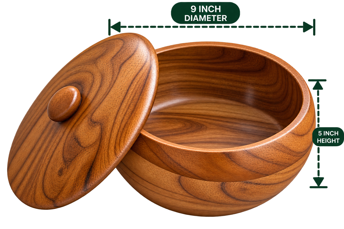AnnServe 9 inch Roti Basket with matching wooden lid; empty view; supplied image labels 5-inch height