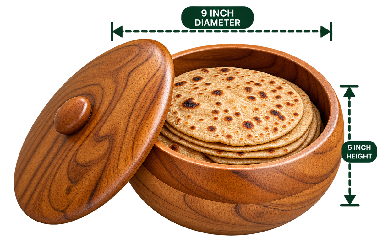 AnnServe 9 inch Roti Basket with matching wooden lid; shown with rotis for illustration, food not included; supplied image labels 5-inch height