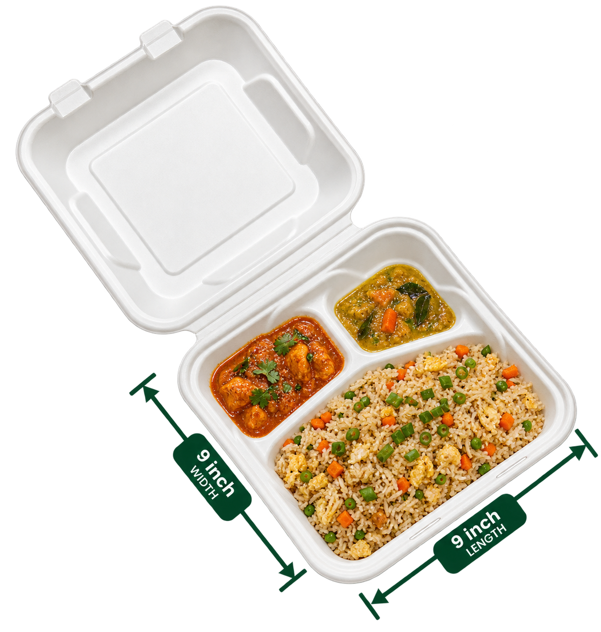 9 inch white bagasse 3-compartment clamshell, shown with food (serving suggestion; food not included)