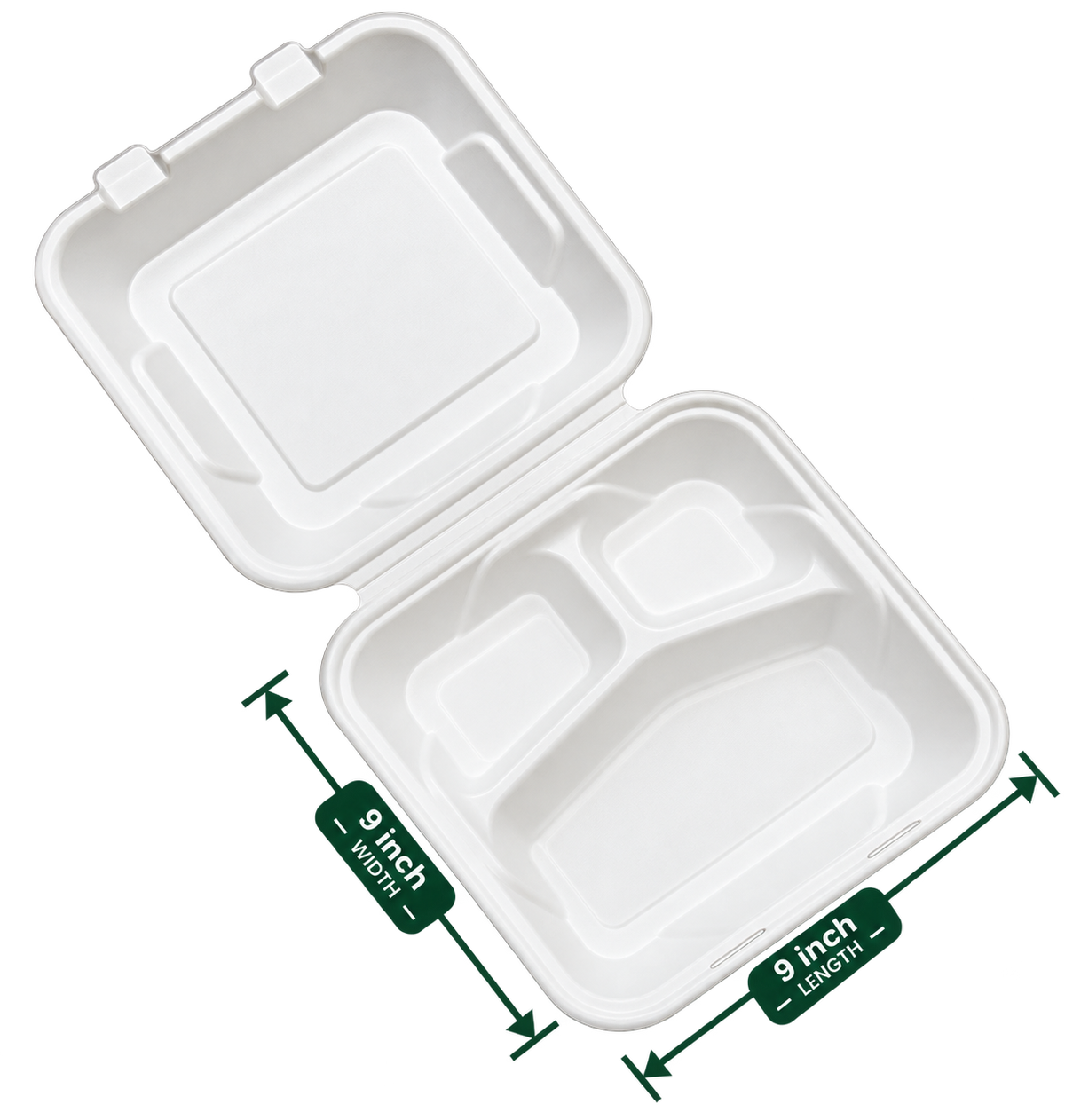 9 inch white bagasse 3-compartment clamshell - top view