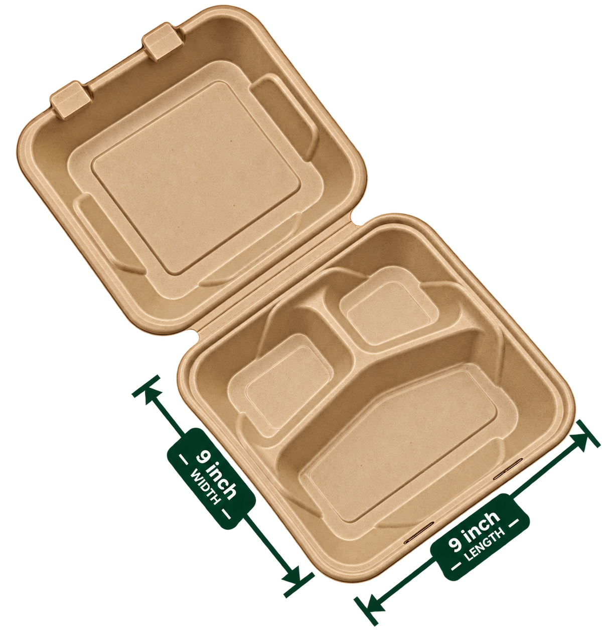 9 inch premium bagasse 3-compartment clamshell - top view