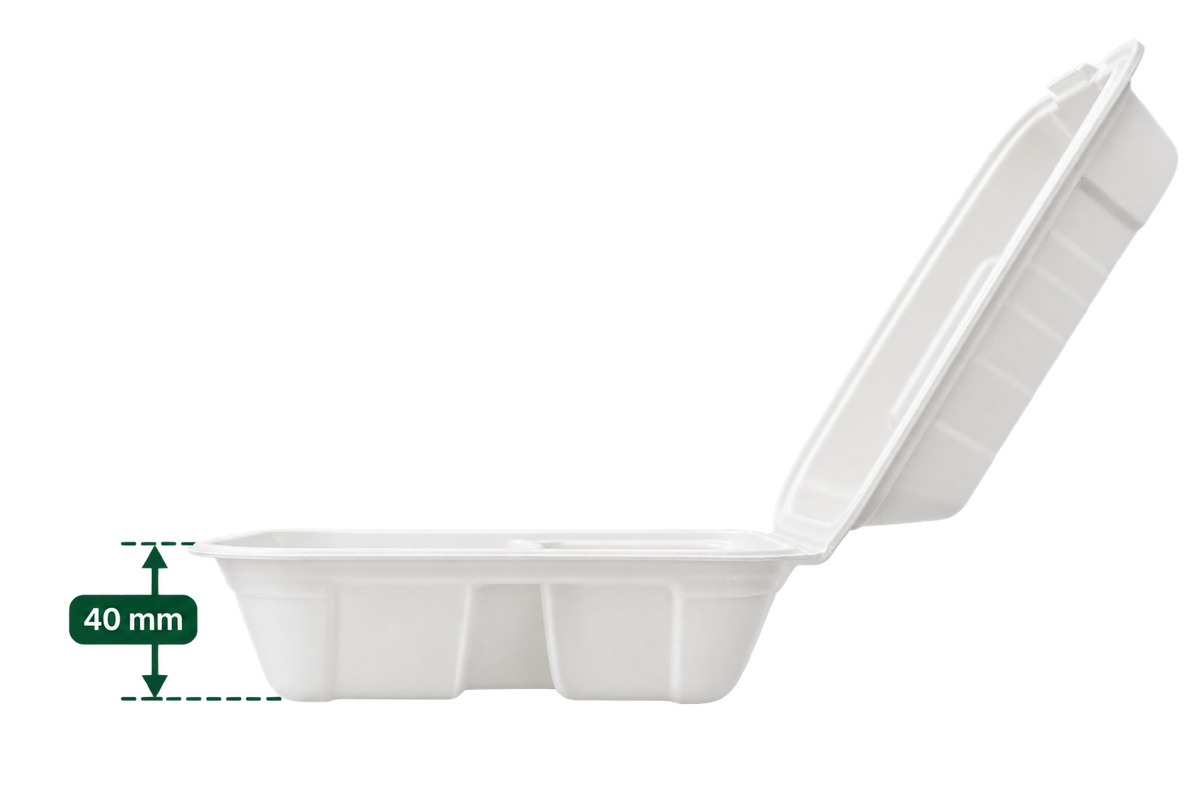 9 inch white bagasse 3-compartment clamshell - side view