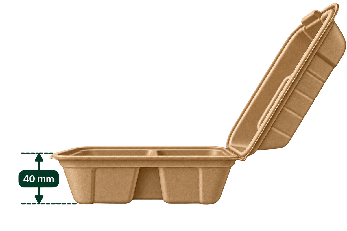 9 inch premium bagasse 3-compartment clamshell - side view