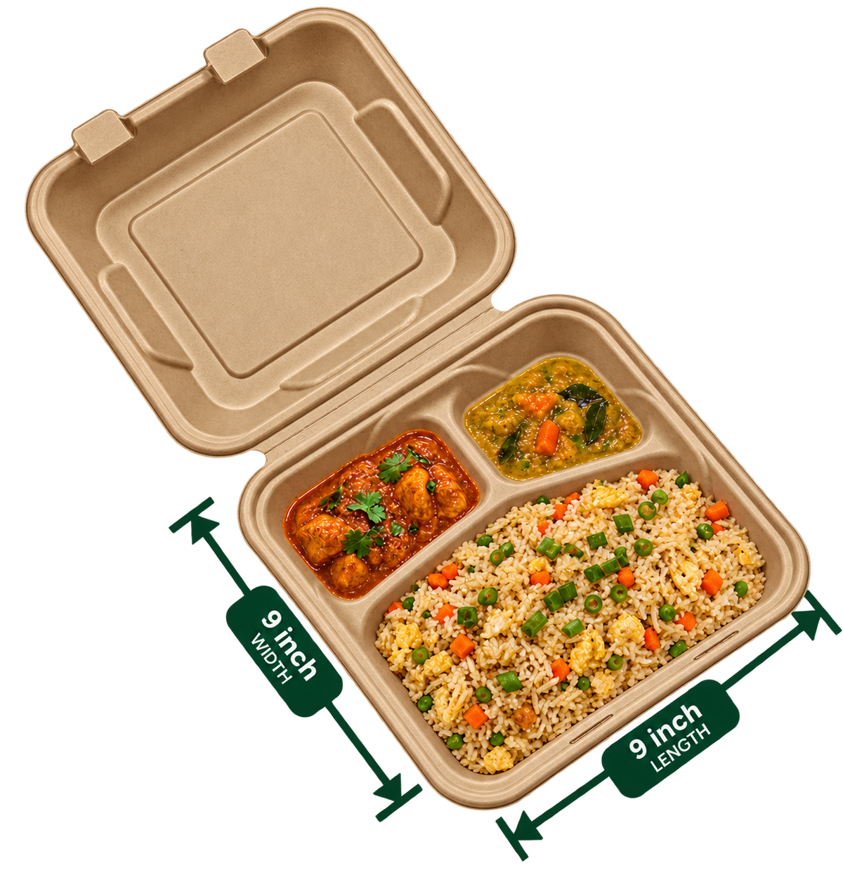 9 inch premium bagasse 3-compartment clamshell, shown with food (serving suggestion; food not included)