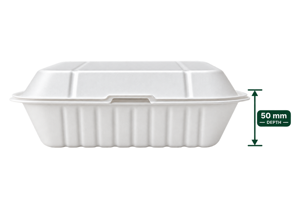 9 inch white bagasse square clamshell - side view