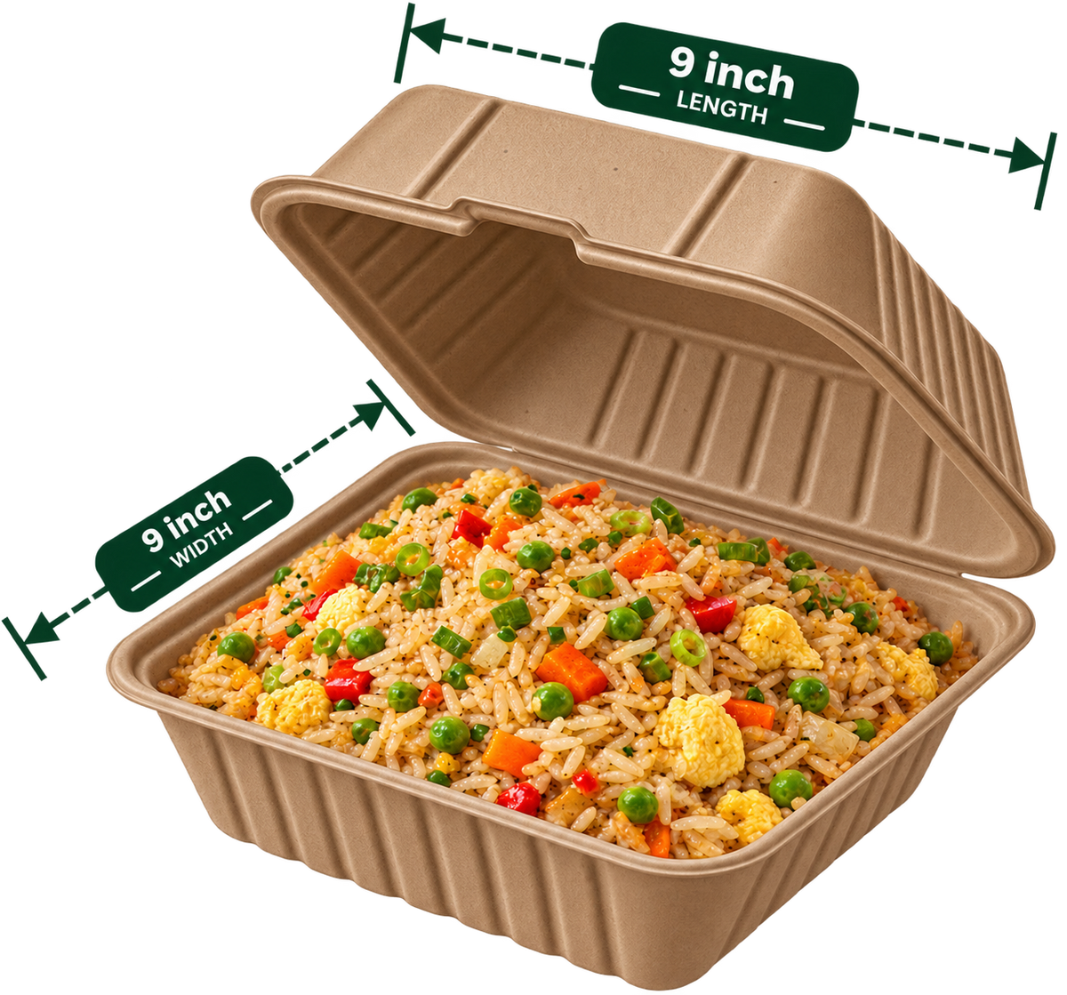 9 inch premium bagasse square clamshell, shown with food (serving suggestion; food not included)