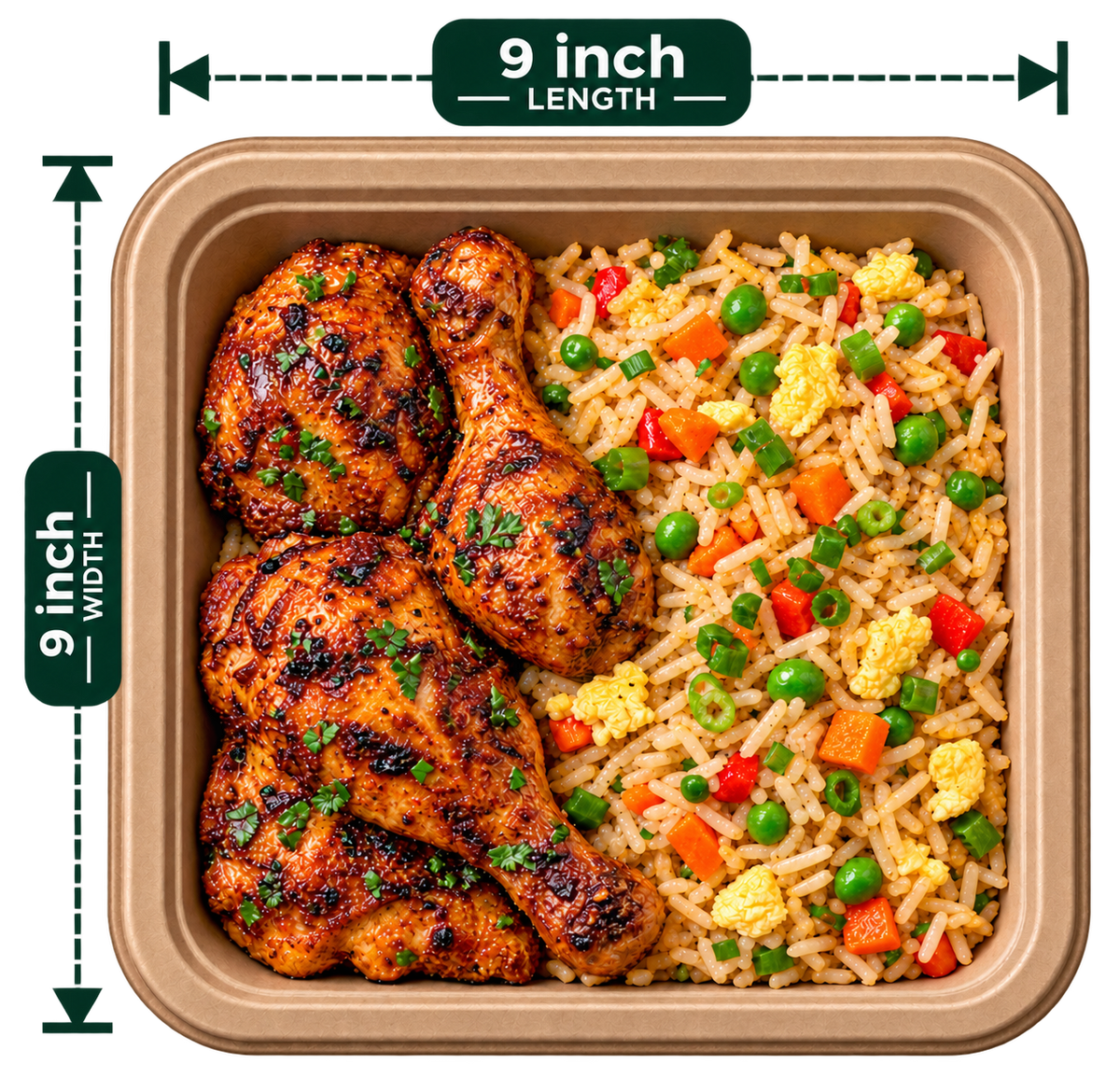 9 inch premium bagasse square plate, shown with food (serving suggestion; food not included)