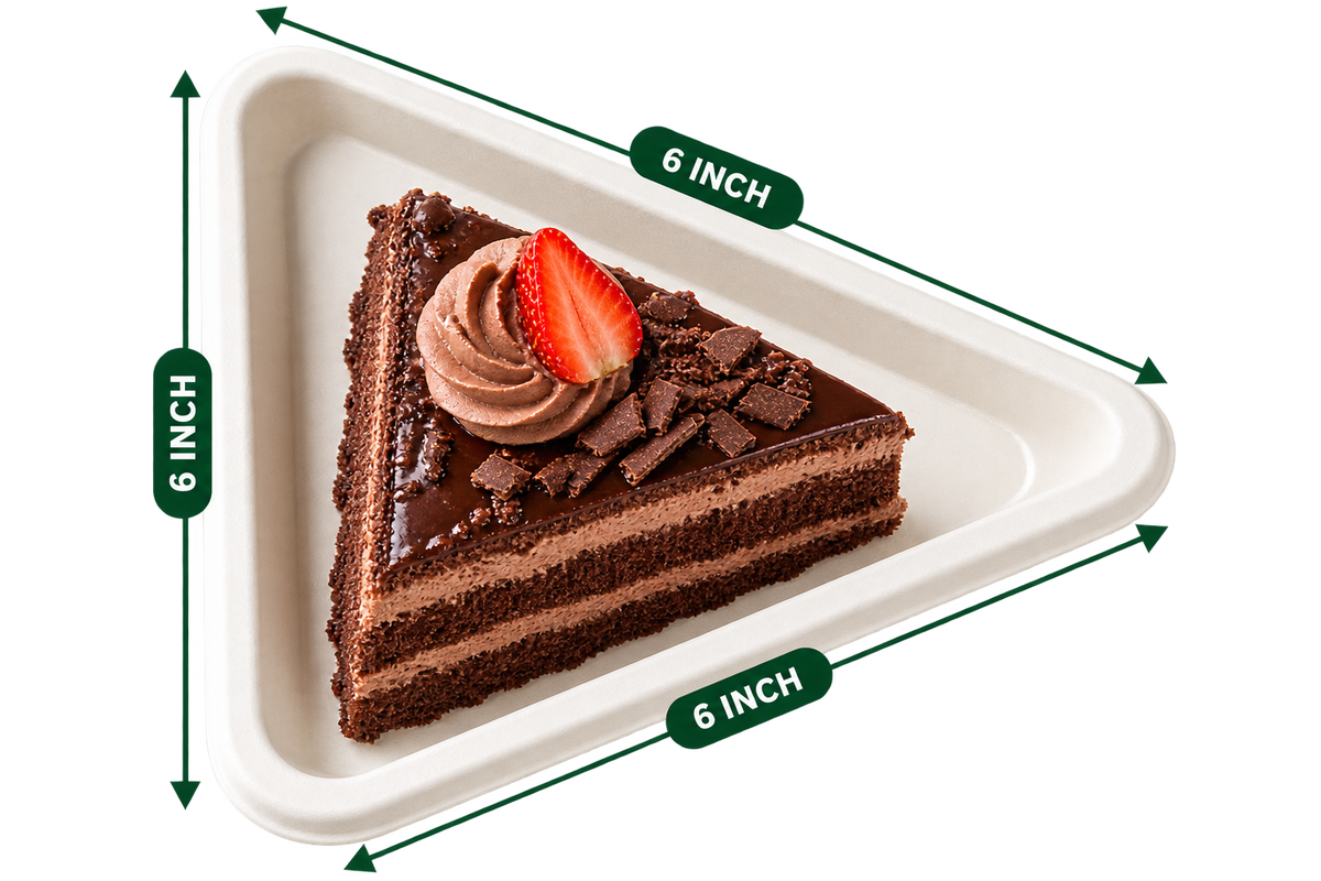 6 Inch Triangle Plate - white bagasse plate with cake serving and size labels