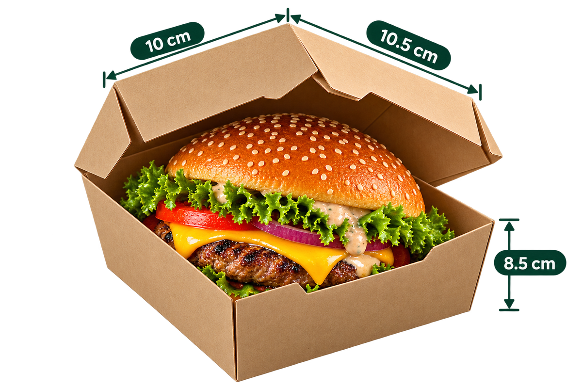 AnnServe Burger Box Regular Corrugated Regular filled view; 10 x 10.5 x 8.5 cm; food shown for presentation only