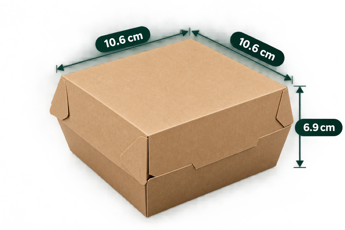 AnnServe Brown Burger Box Regular empty view; 10.6 x 10.6 x 6.9 cm; food shown for presentation only