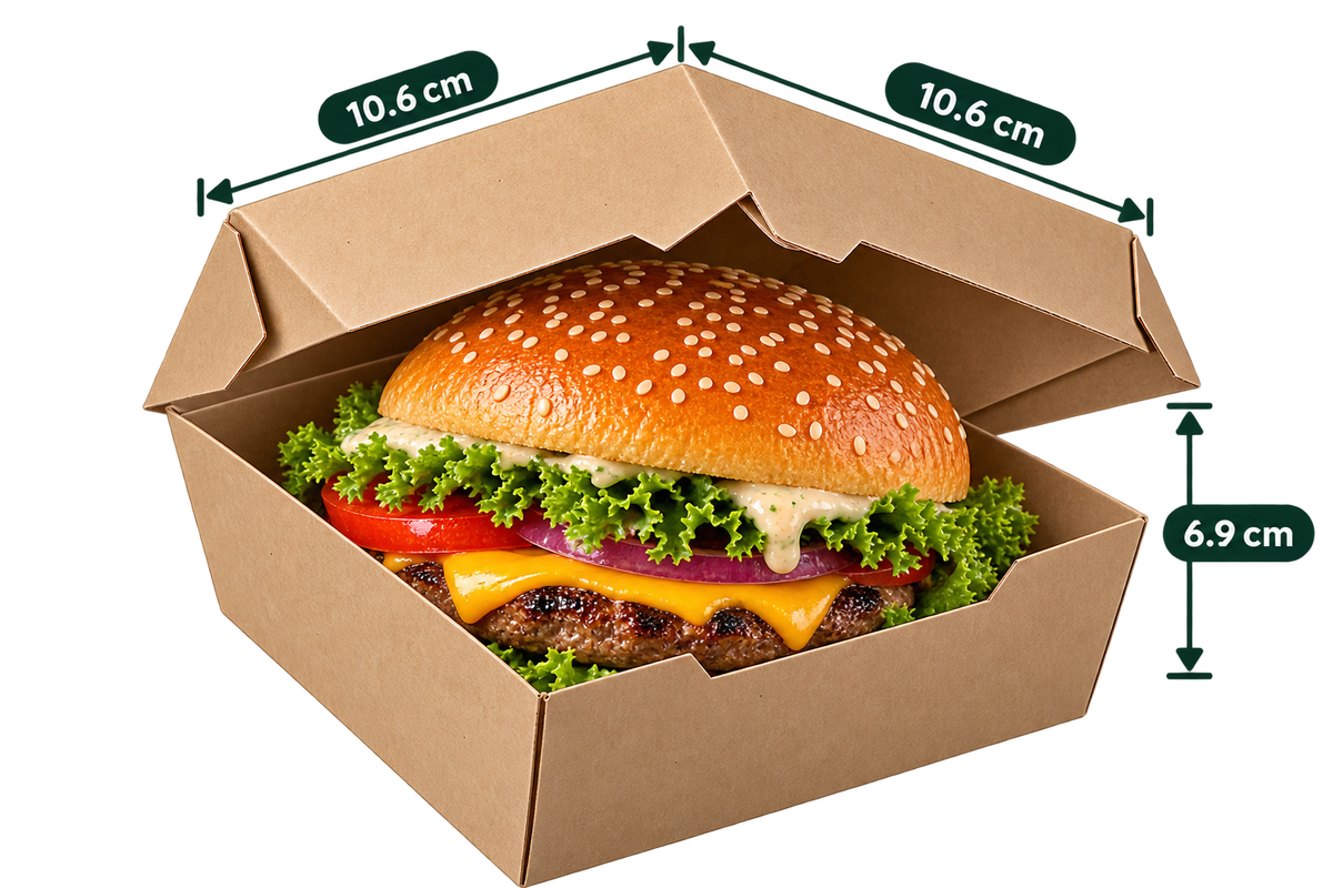 AnnServe Brown Burger Box Regular filled view; 10.6 x 10.6 x 6.9 cm; food shown for presentation only