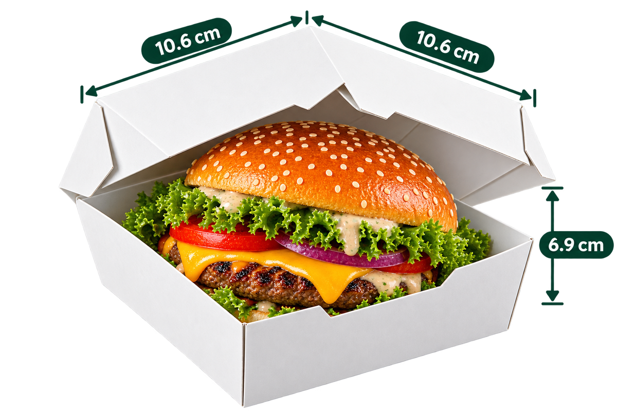AnnServe White Burger Box Regular filled view; 10.6 x 10.6 x 6.9 cm; food shown for presentation only