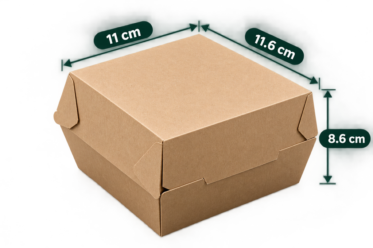 AnnServe Brown Burger Box XL empty view; 11 x 11.6 x 8.6 cm; food shown for presentation only