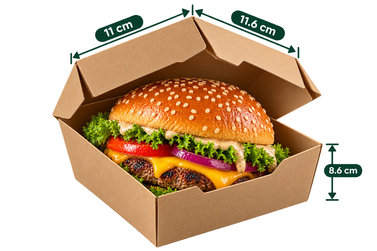 AnnServe Brown Burger Box XL filled view; 11 x 11.6 x 8.6 cm; food shown for presentation only