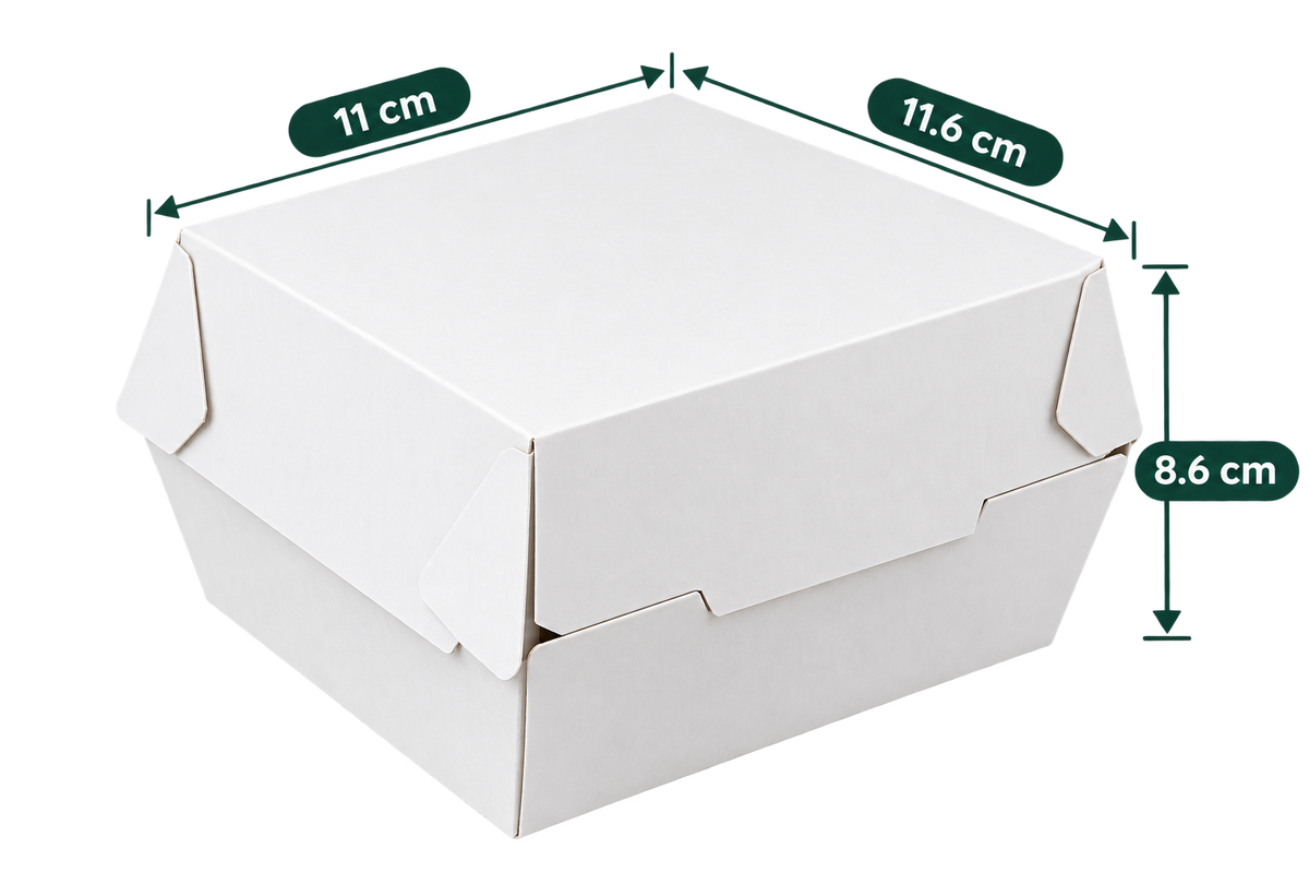 AnnServe White Burger Box XL empty view; 11 x 11.6 x 8.6 cm; food shown for presentation only