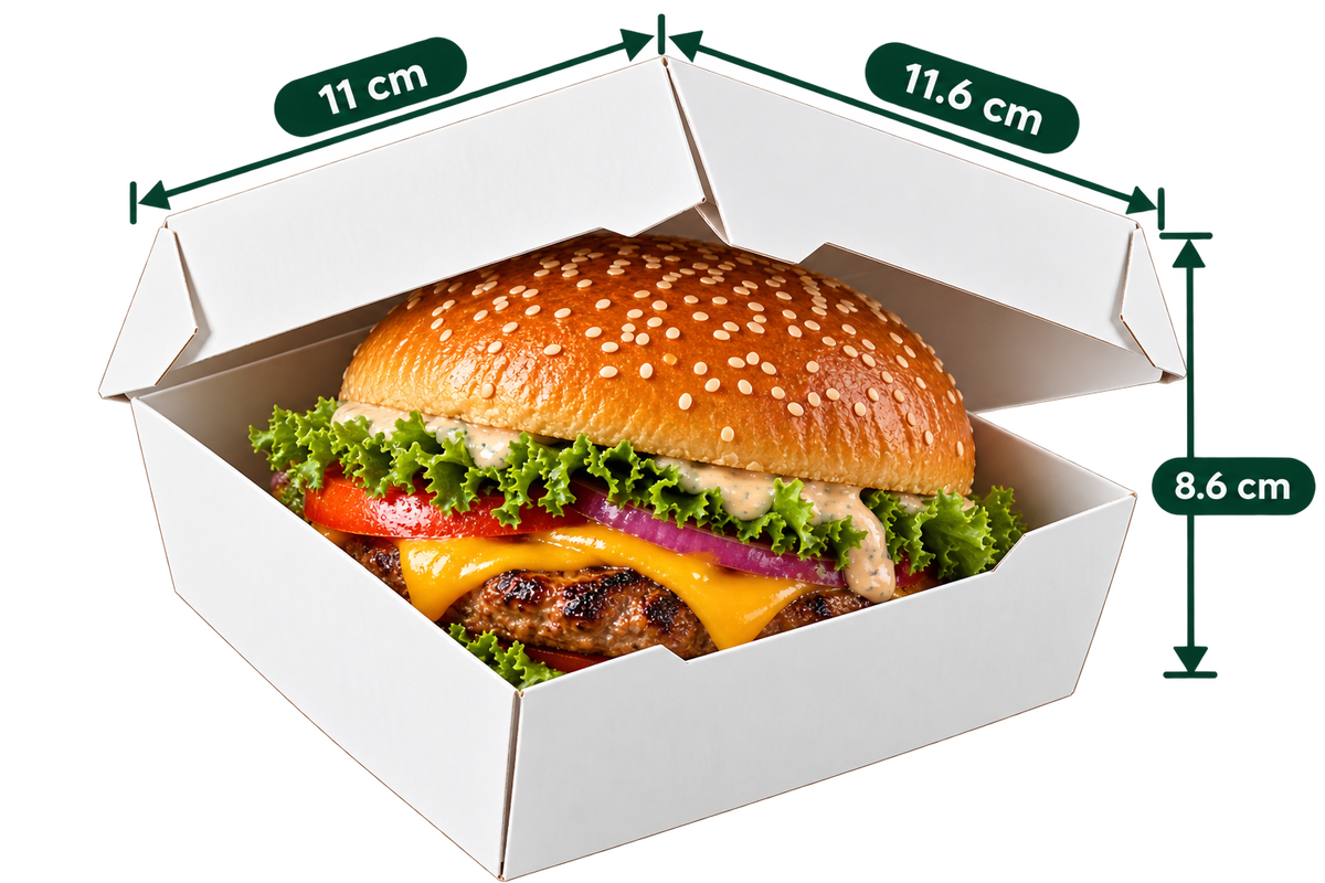AnnServe White Burger Box XL filled view; 11 x 11.6 x 8.6 cm; food shown for presentation only