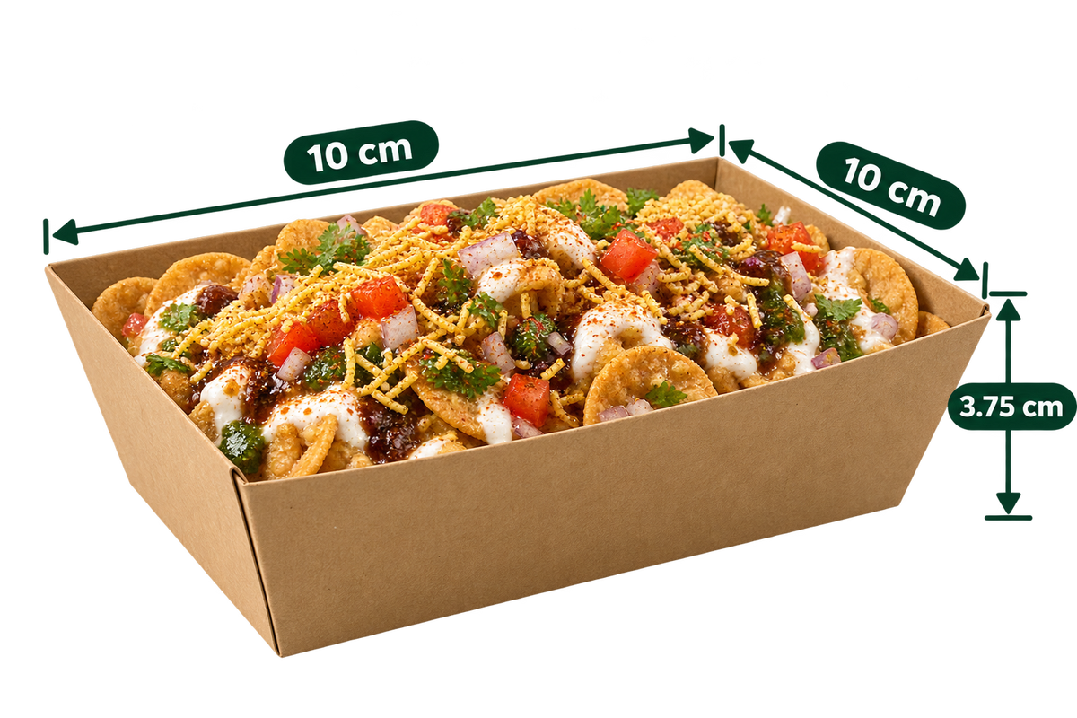 AnnServe Brown Boat Tray 4 inch filled view; 10 x 10 x 3.75 cm; food shown for presentation only