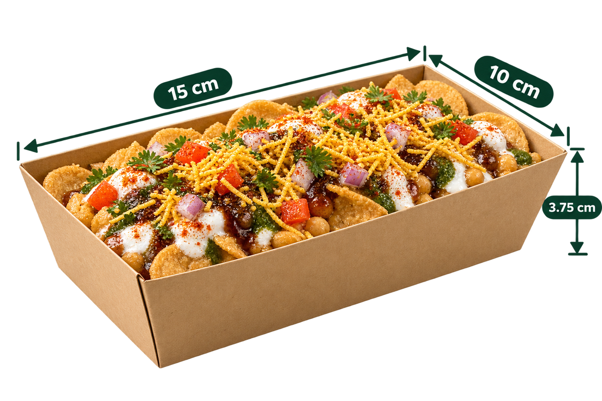 AnnServe Brown Boat Tray 6 inch filled view; 10 x 15 x 3.75 cm; food shown for presentation only