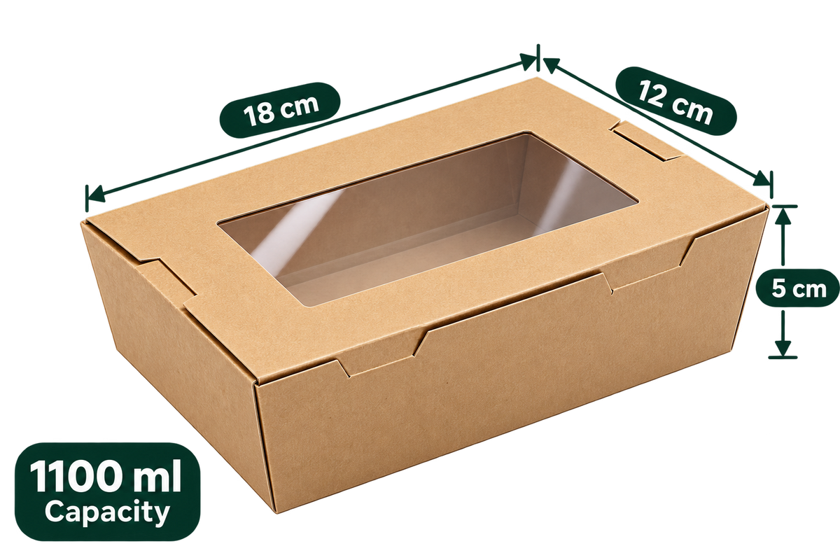 AnnServe Brown Lunch Box With Window 1100 ml closed view; 18 x 12 x 5 cm; transparent window lid