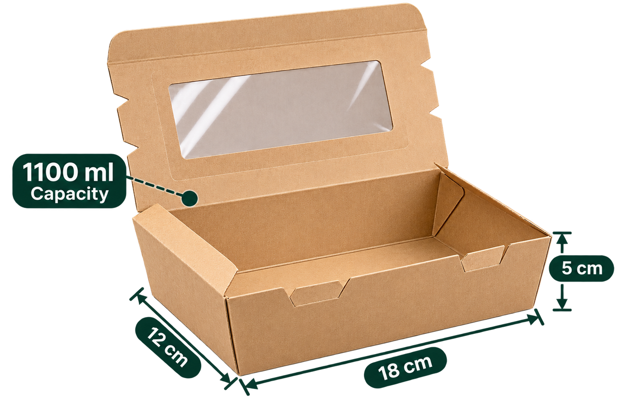 AnnServe Brown Lunch Box With Window 1100 ml open view; 18 x 12 x 5 cm; transparent window lid