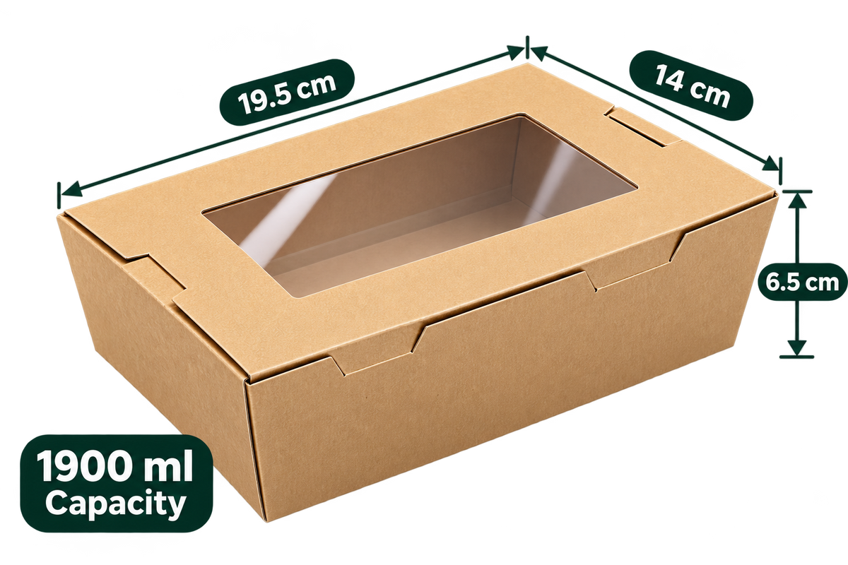 AnnServe Brown Lunch Box With Window 1900 ml closed view; 19.5 x 14 x 6.5 cm; transparent window lid