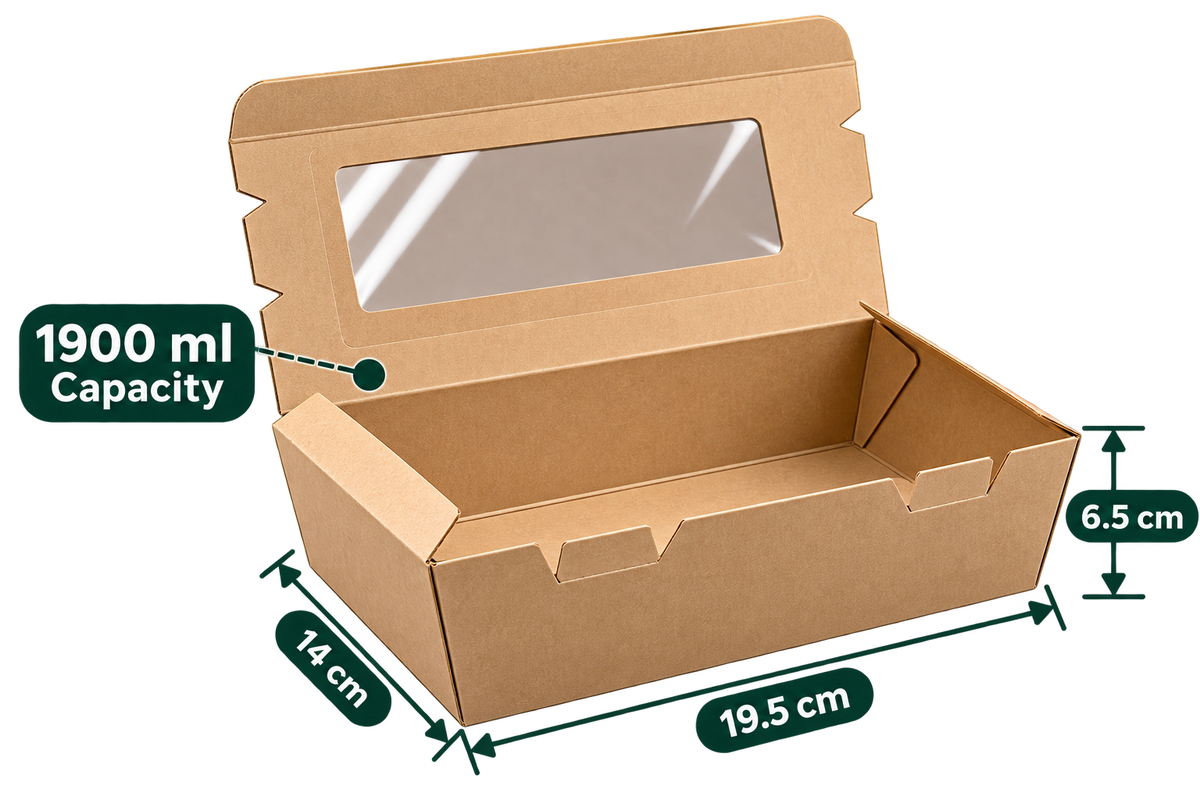 AnnServe Brown Lunch Box With Window 1900 ml open view; 19.5 x 14 x 6.5 cm; transparent window lid