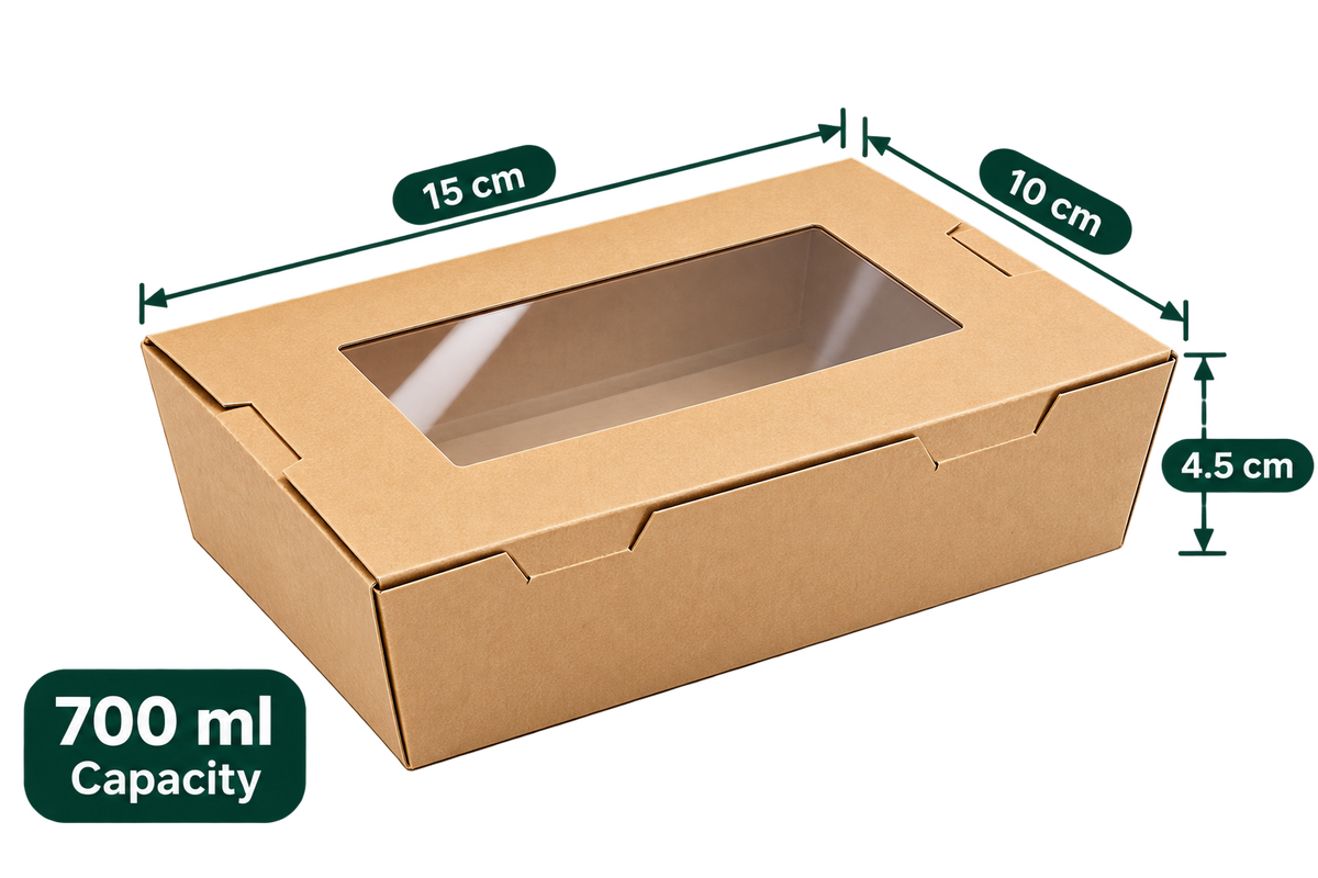 AnnServe Brown Lunch Box With Window 700 ml closed view; 15 x 10 x 4.5 cm; transparent window lid