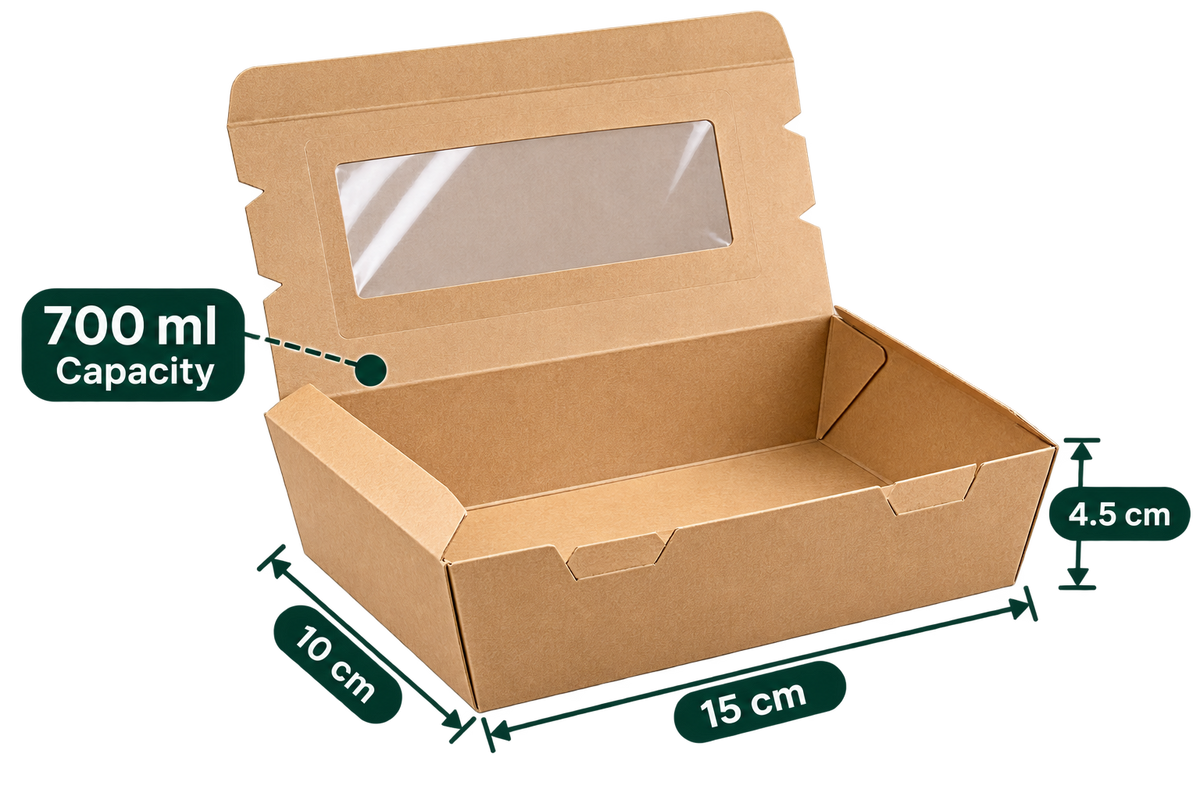 AnnServe Brown Lunch Box With Window 700 ml open view; 15 x 10 x 4.5 cm; transparent window lid