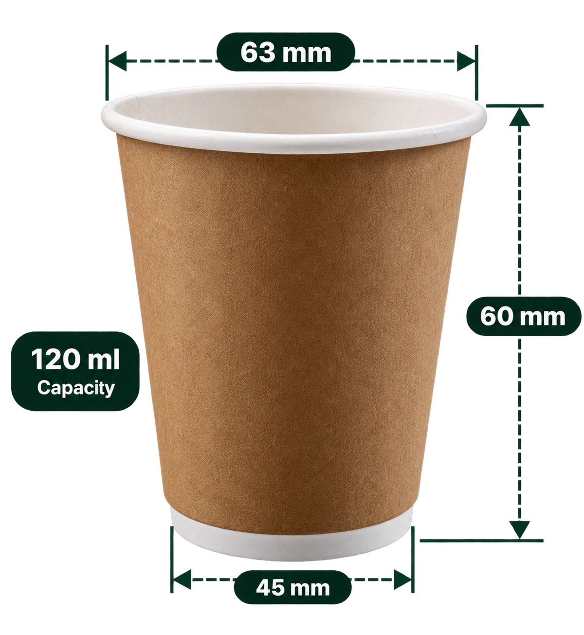 AnnServe Double Wall Cup 120 ml Brown plain paper cup; 63 mm rim, 45 mm base, 60 mm height; sold by box of 500