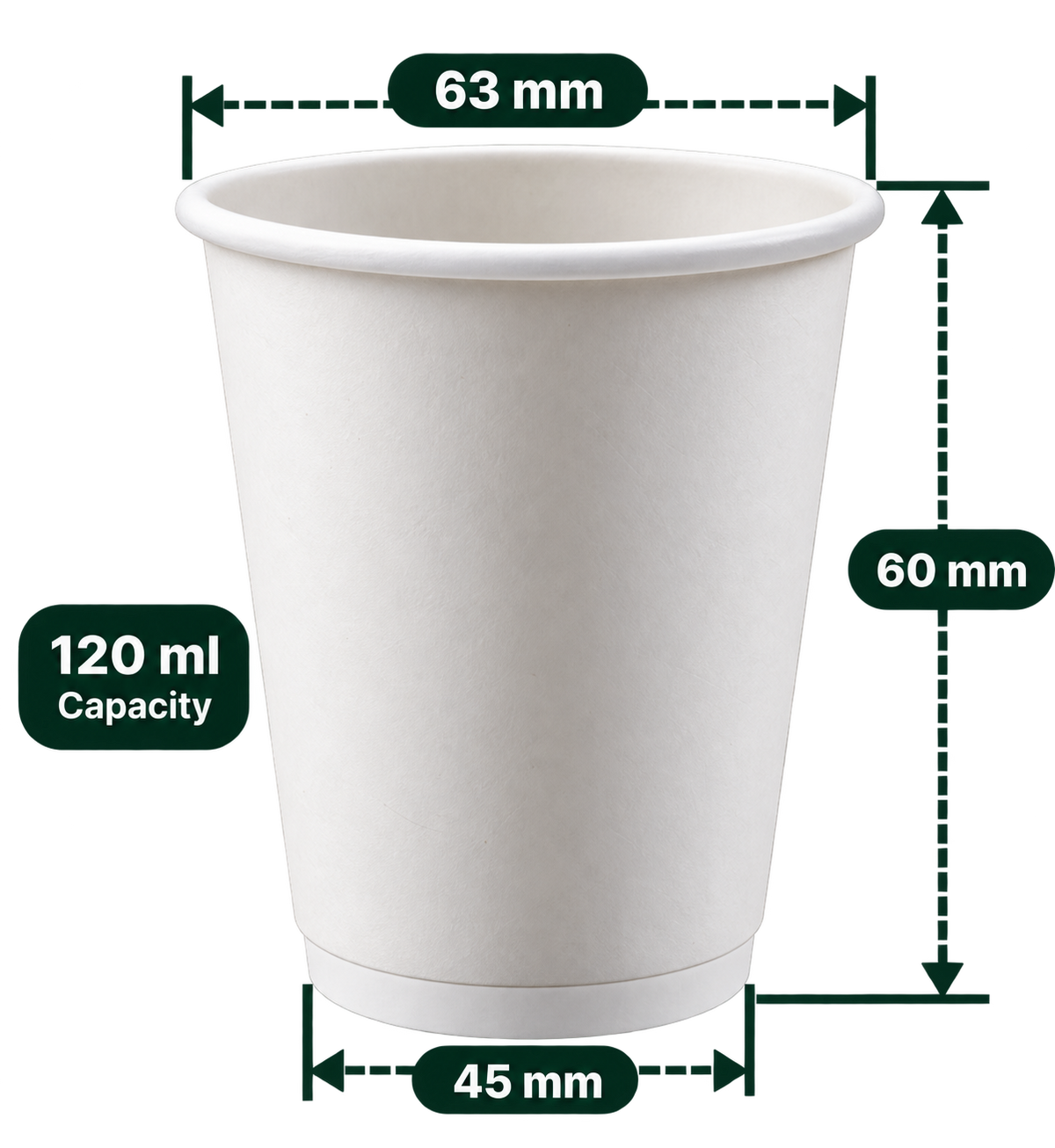 AnnServe Double Wall Cup 120 ml White plain paper cup; 63 mm rim, 45 mm base, 60 mm height; sold by box of 500
