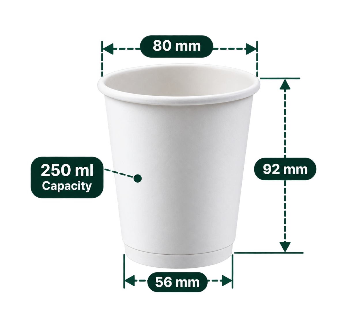 AnnServe Double Wall Cup 250 ml White plain paper cup; 80 mm rim, 56 mm base, 92 mm height; sold by box of 500