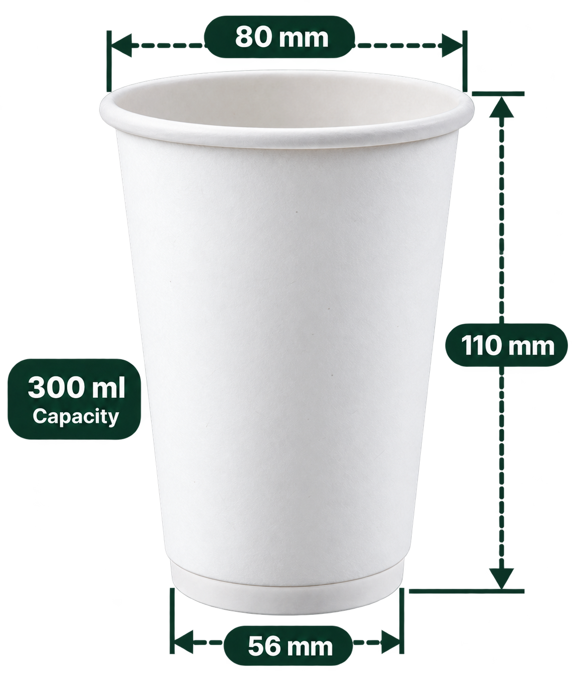 AnnServe Double Wall Cup 300 ml - 80 mm rim White plain paper cup; 80 mm rim, 56 mm base, 110 mm height; sold by box of 500