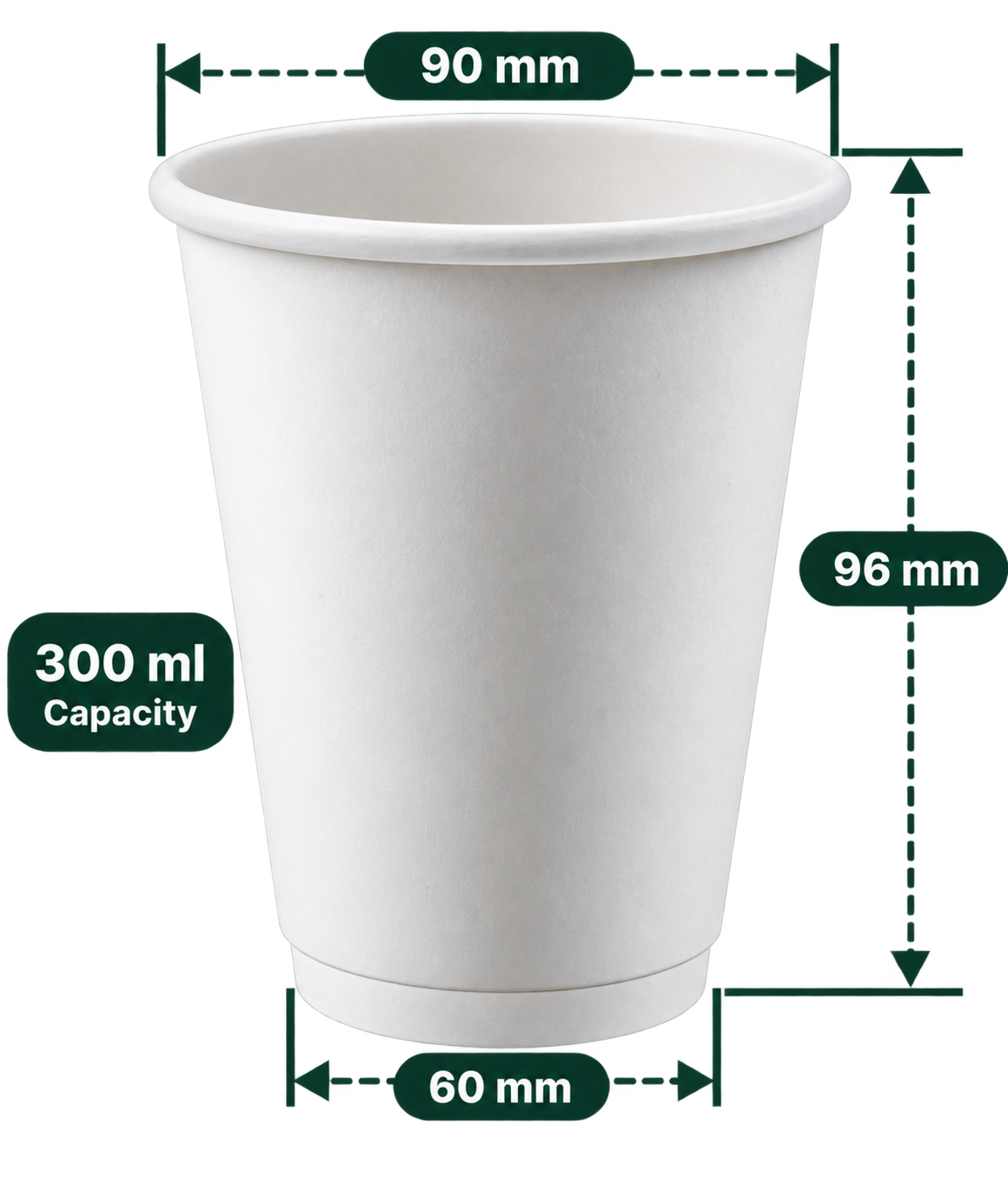 AnnServe Double Wall Cup 300 ml - 90 mm rim White plain paper cup; 90 mm rim, 60 mm base, 96 mm height; sold by box of 500