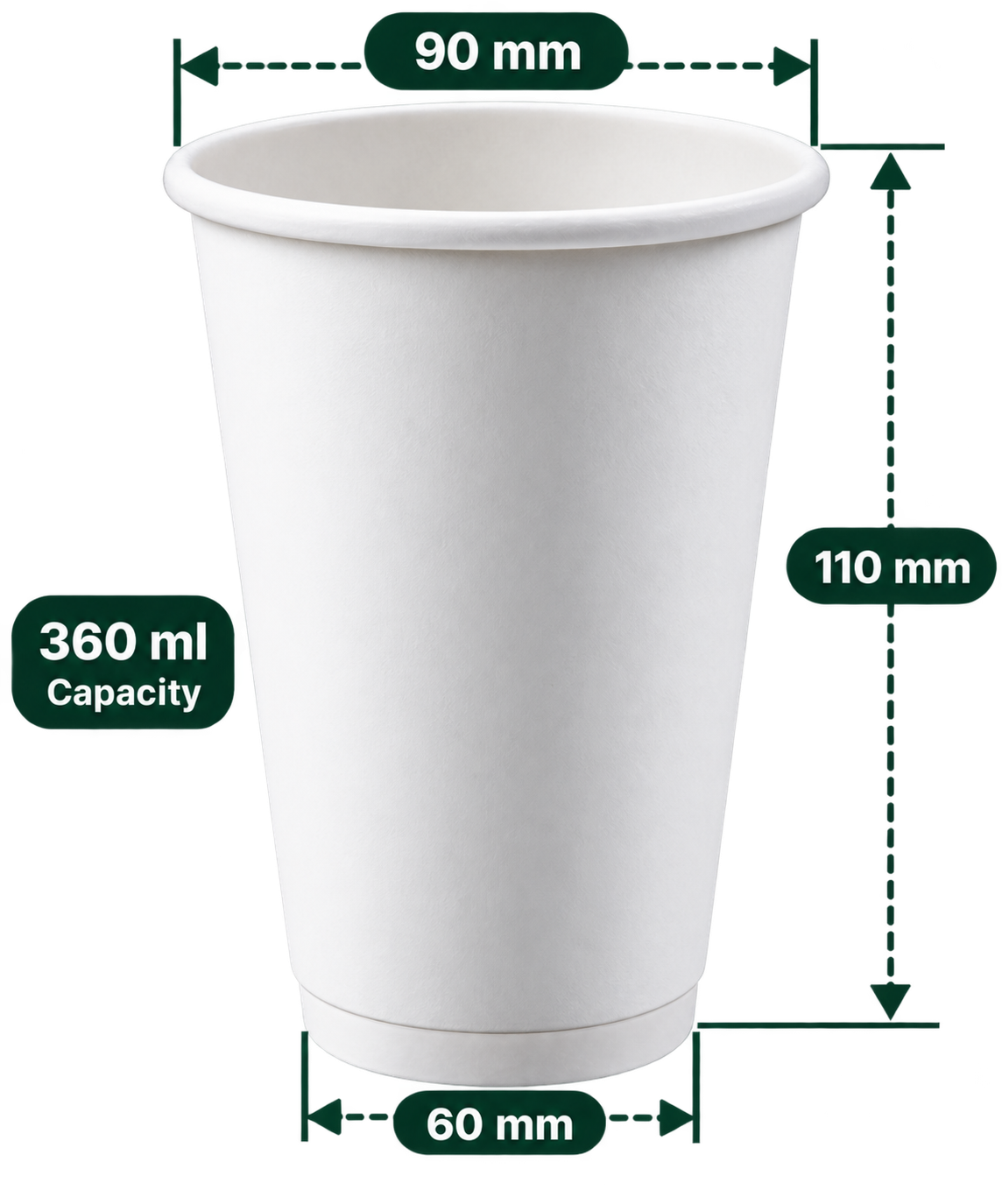 AnnServe Double Wall Cup 360 ml White plain paper cup; 90 mm rim, 60 mm base, 110 mm height; sold by box of 500