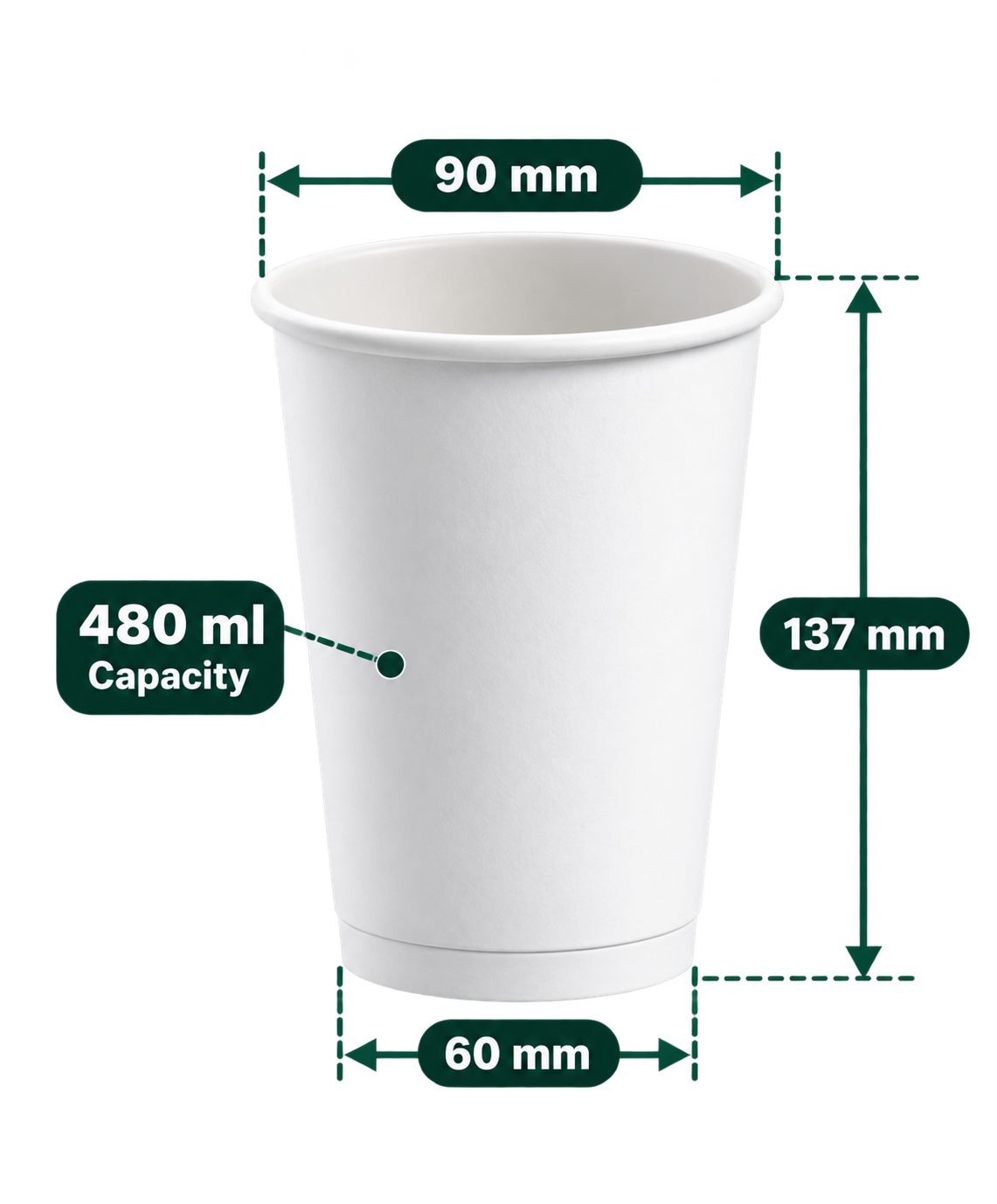 AnnServe Double Wall Cup 480 ml White plain paper cup; 90 mm rim, 60 mm base, 137 mm height; sold by box of 500
