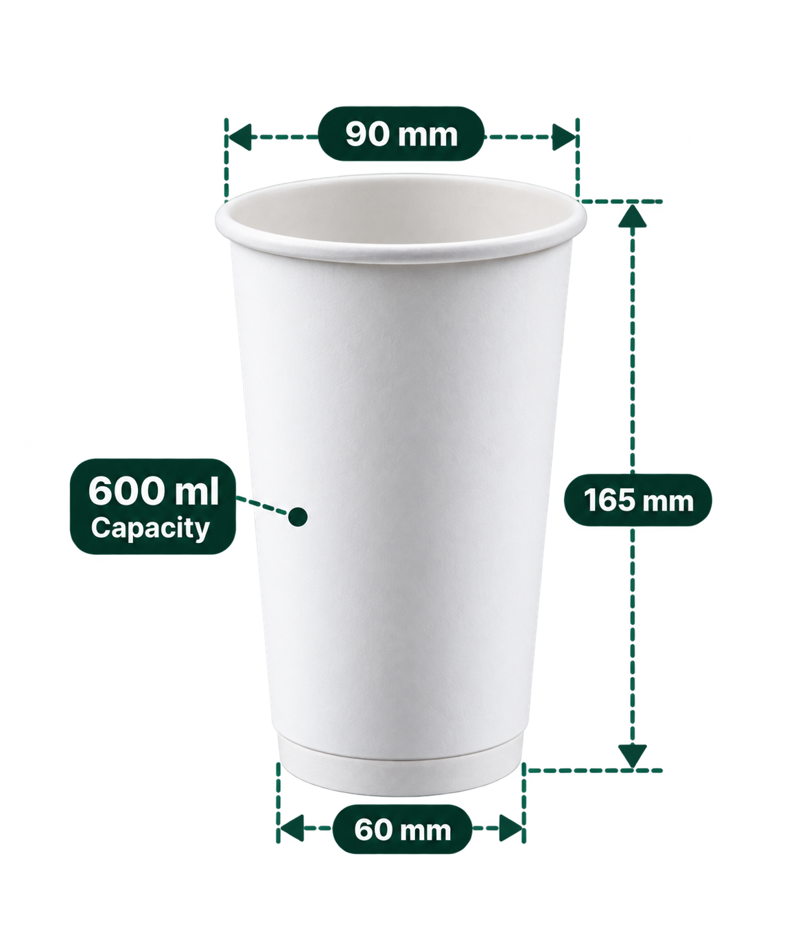 AnnServe Double Wall Cup 600 ml White plain paper cup; 90 mm rim, 60 mm base, 165 mm height; sold by box of 500