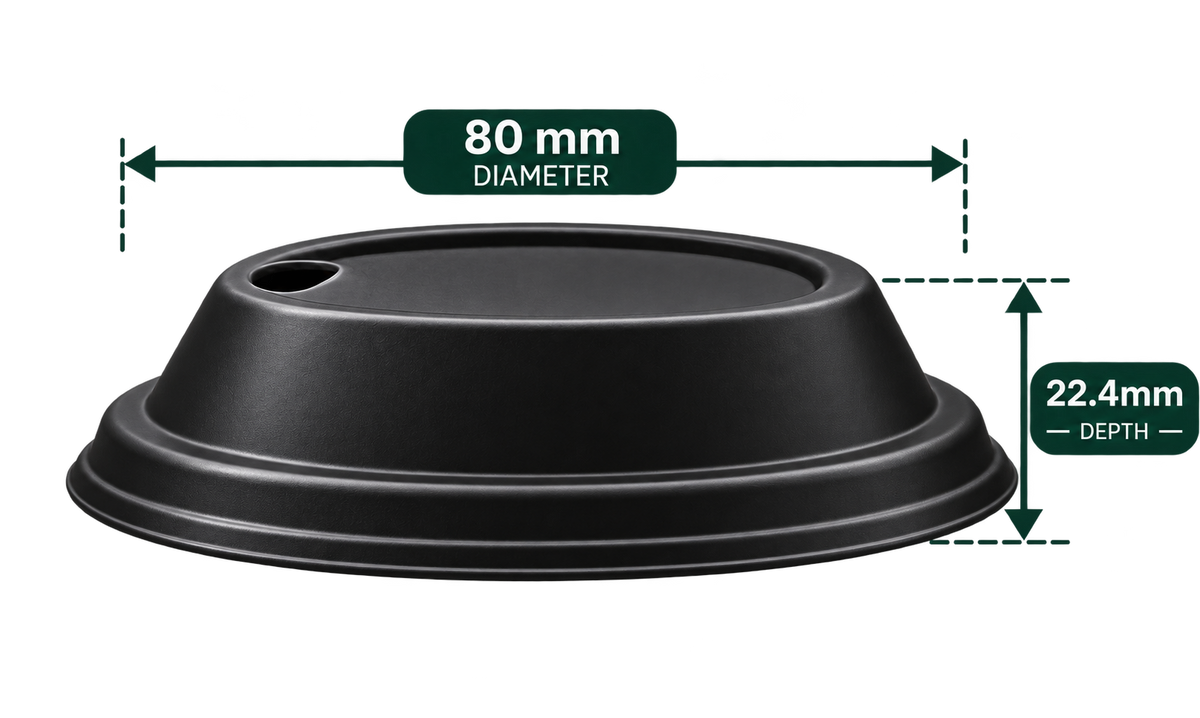 AnnServe Lockable Sipper Lid Black 80 mm profile view; 22.4 mm depth; generated black-colour reference from supplied white photo