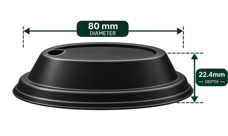 AnnServe Lockable Sipper Lid Black 80 mm profile view; 22.4 mm depth; generated black-colour reference from supplied white photo