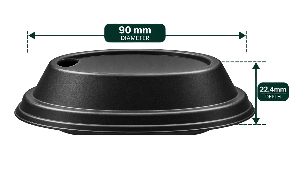 AnnServe Lockable Sipper Lid Black 90 mm profile view; 22.4 mm depth; generated black-colour reference from supplied white photo