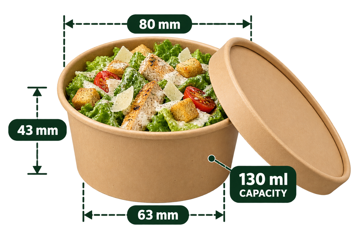 AnnServe Paper Bowl Brown 130 ml filled serving suggestion; pictured lid not included; food not included