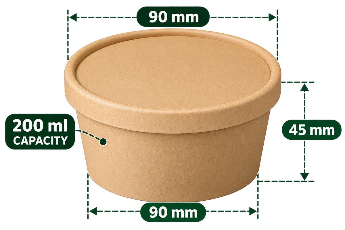 AnnServe Paper Bowl Brown 200 ml empty closed view; user-supplied photo; 90 mm top and base, 45 mm height; matching paper lid sold separately; food not included
