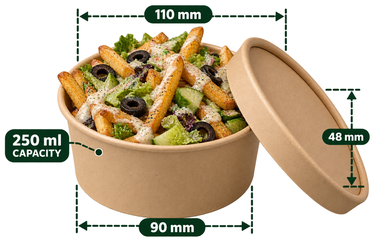AnnServe Paper Bowl Brown 250 ml filled serving suggestion; matching 110 mm paper lid sold separately; food not included