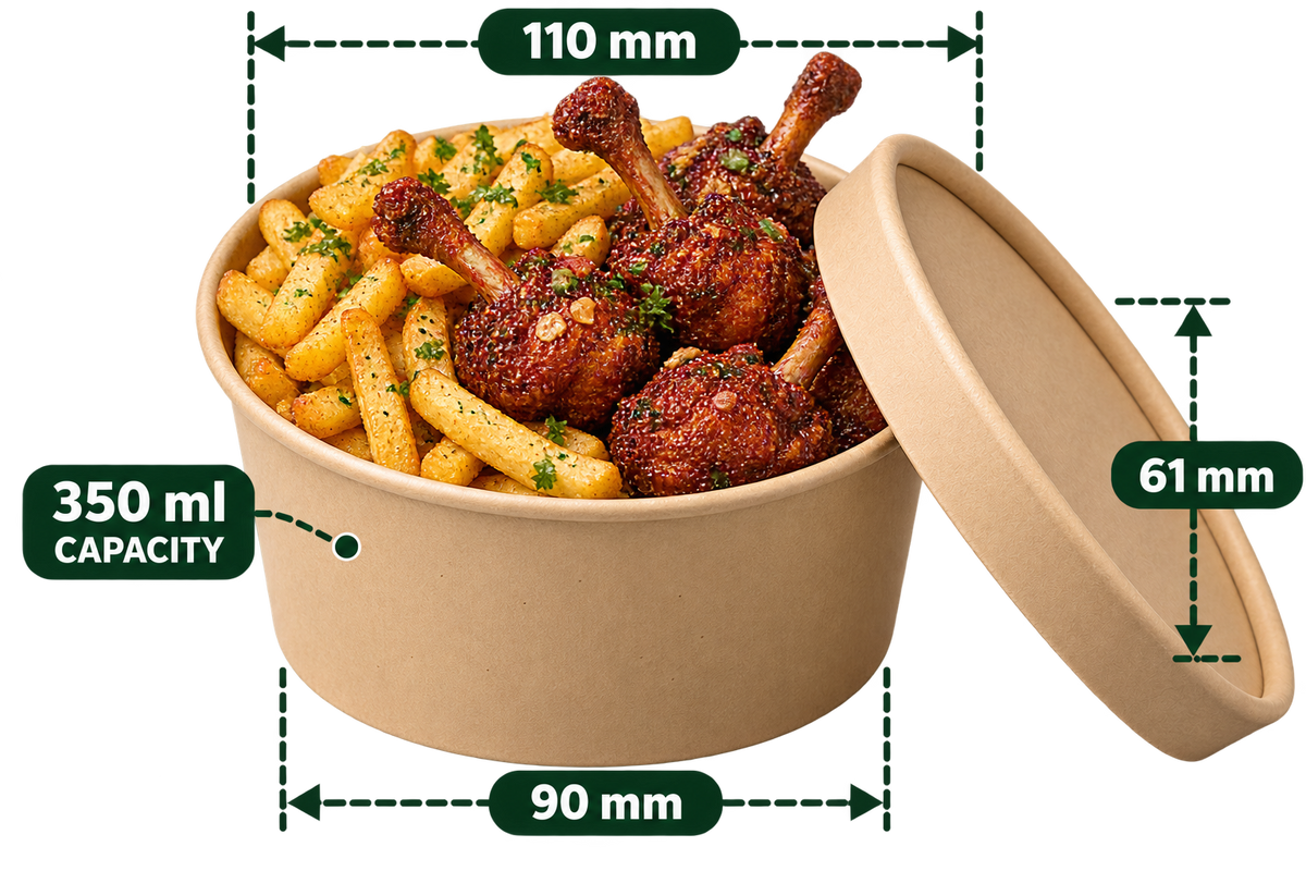AnnServe Paper Bowl Brown 350 ml filled serving suggestion; matching 110 mm paper lid sold separately; food not included