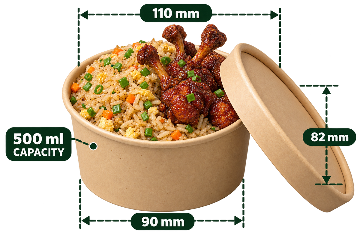 AnnServe Paper Bowl Brown 500 ml filled serving suggestion; matching 110 mm paper lid sold separately; food not included