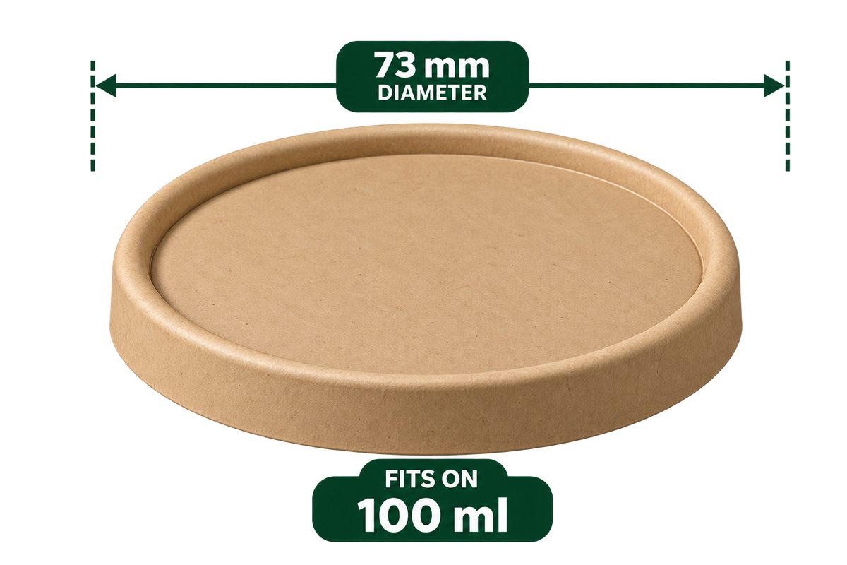 AnnServe Paper Bowl Lid Brown 73 mm flat paper lid without straw cut; supplied photo labels fit for 100 ml; bowls sold separately