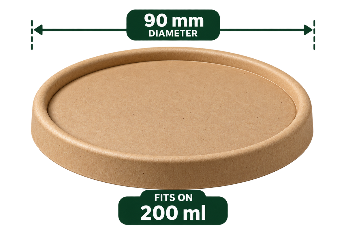 AnnServe Paper Bowl Lid Brown 90 mm flat paper lid without straw cut; supplied photo labels fit for 200 ml; bowls sold separately