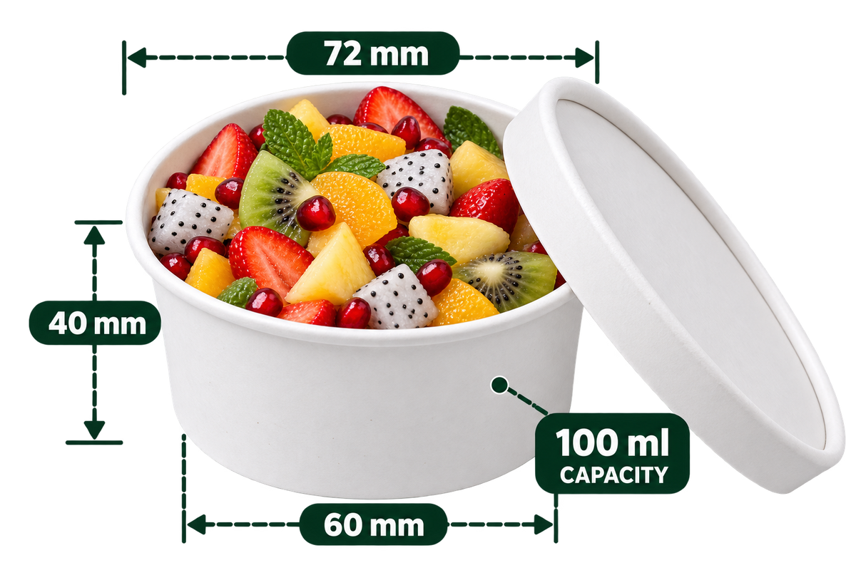 AnnServe Paper Bowl White 100 ml filled serving suggestion; pictured lid not included; food not included