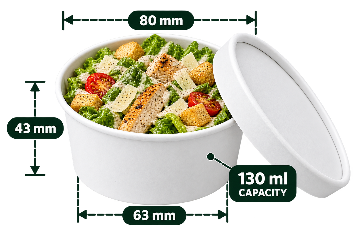AnnServe Paper Bowl White 130 ml filled serving suggestion; pictured lid not included; food not included