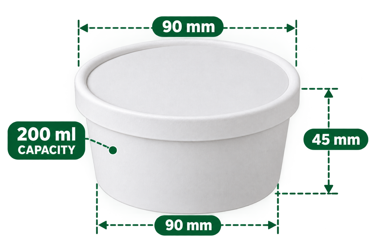 AnnServe Paper Bowl White 200 ml empty closed view; user-supplied photo; 90 mm top and base, 45 mm height; matching paper lid sold separately; food not included